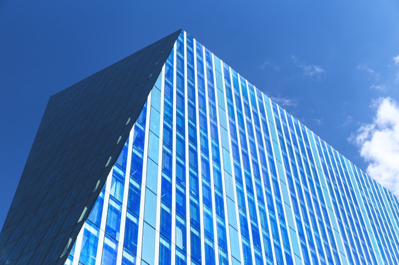 no people, blue day, outdoors, angled, sunny, skyscraper, nature, building, office building exterior, reflection, steel, sunlight, downtown District, day