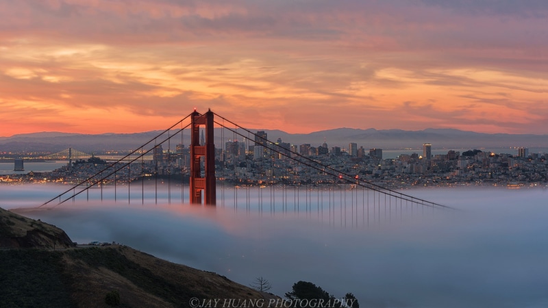 building exterior, travel destinations, San Francisco, sunset, transportation, water, outdoors, no people, bridge - man made structure, city, cloud - sky