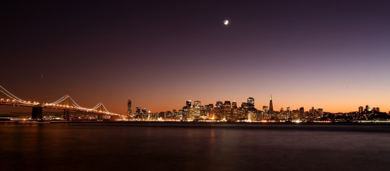 urban skyline, building exterior, 2K, built structure, office building exterior, transportation, cityscape, night, San Francisco, sky, landscape, travel destinations