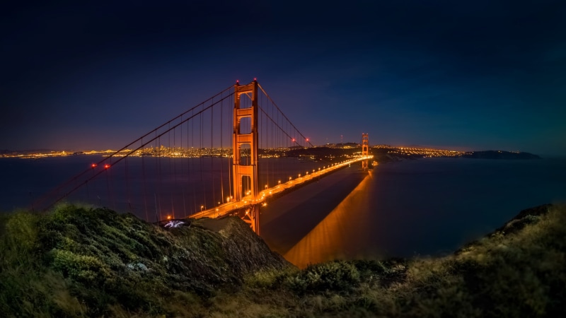 bridge, San Francisco, 2K, suspension bridge, sky, travel destinations, night, illuminated, Golden Gate Bridge, sea, engineering, water, architecture