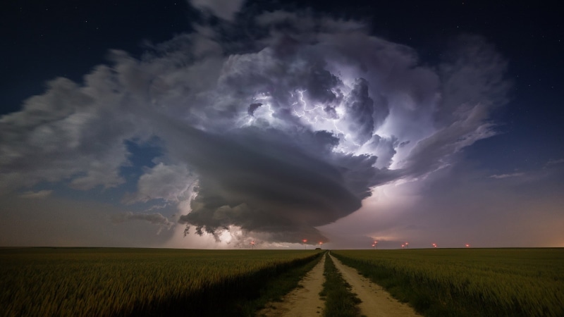 lightning, field, supercell (nature), lights, 1080P, nature, storm, evening, clouds, landscape, windmill, dirt road