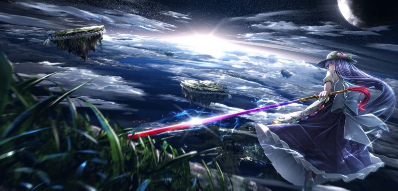 architecture, looking at viewer, sky, weapon, building exterior, built structure, sunbeam, Puffy Sleeves, Hinanawi Tenshi, illuminated, solo, Touhou, frills