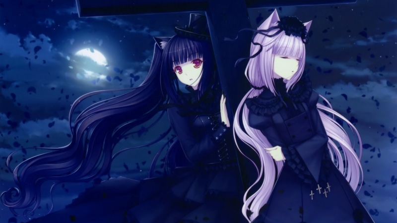 anime, neko, eyes, fashion, 2K, two, moon, gothic, ears, nekomimi, lolita, girls, animal, red, full, hair, white, ribbons, night, sayori, female