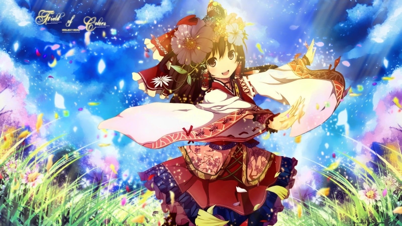 nature, multicolor, detached, clothes, cuffs, sleev, miko, alternate, petals, text, clouds, eyes, brunettes, skyscapes, 720P, happy, bows, long, touhou