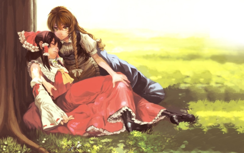 trees, 1080P, detached, brunettes, friends, eyes, hakurei, reimu, maiden, kirisame, yellow, grass, shrine, marisa, closed, aprons, sleeves, sitting, braids