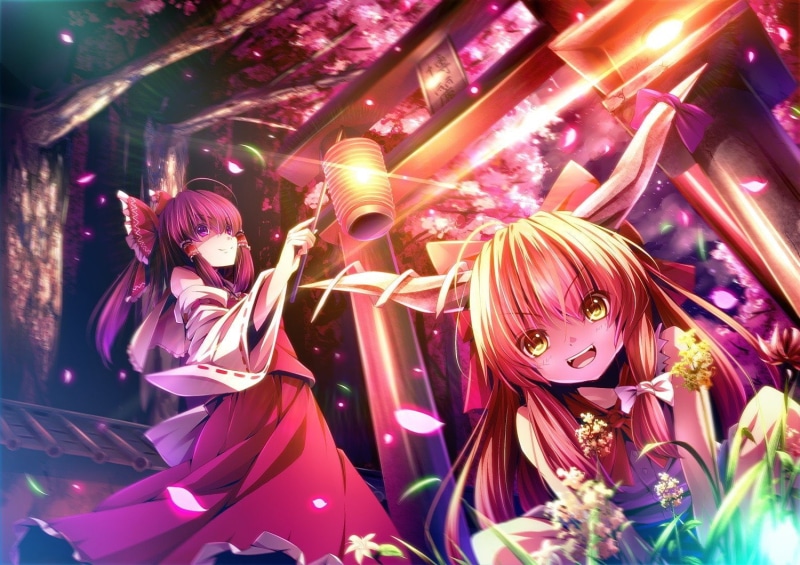 mouth, suika, open, horns, hakurei, flowers, long, oni, bows, blondes, glowing, purple, torii, ponytails, video, cherry, gate, ibuki, eyes, petals, touhou