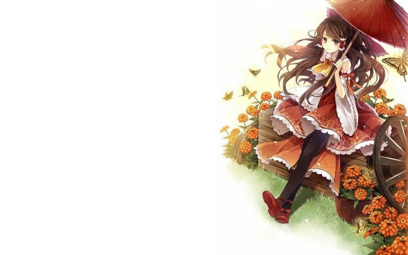 720P, eyes, video, dress, simple, flowers, ribbons, butterflies, sleeves, japanese, miko, long, reimu, pantyhose, brown, ornaments, clothes, umbrellas