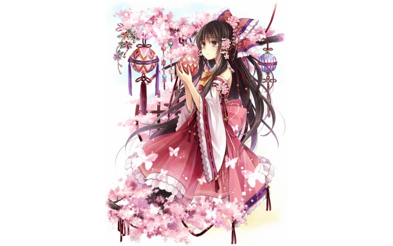 red, dress, rin, touhou, hair, branches, video, sleeves, cherry, japanese, eyes, bows, background, butterflies, detached, brunettes, flowers, ornaments