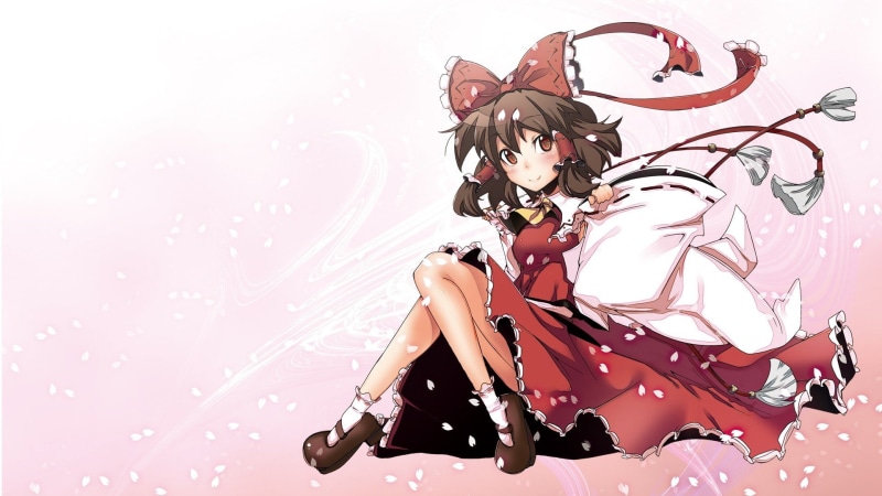 hair, 1080P, wind, touhou, brunettes, reimu, maiden, sleeves, red, petals, short, sitting, detached, eyes, hakurei, flower, ribbons, socks, smiling, shrine