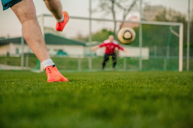 team sport, man, sports equipment, kicker, goal, green, nike, shot on goal, plant, door husband, people, mercurial, shirt, athlete, sports shoes, skill