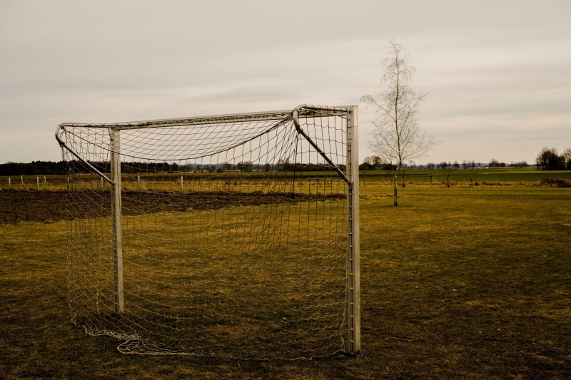 ball game, green, goal, sports ground, sky, football field, goal net, network, 4K, absence, outdoors, fire doors, bolzplatz, sport, landscape, soccer
