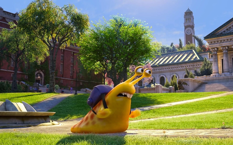 grass, human representation, building exterior, creativity, animated movies, statue, day, no people, monsters university, plant, built structure, pixar