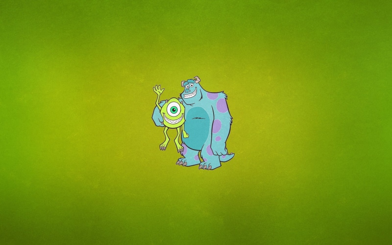Monsters Inc, blue, James P. " Sully" Sullivan, 1080P, horns, Cyclops, Michael "Mike" Wazowski, greenish background, Monsters Inc., minimalism, one-eyed