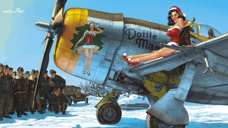 P-47 Thunderbolt, 1080P, New Year, snow, USAF, the plane, girl, art, pin-up