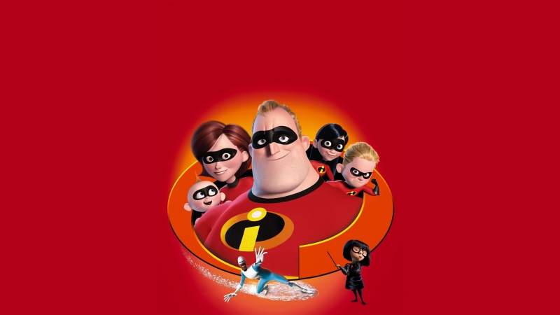 5K, Pixar, fiction, characters, cartoon, poster, red background, The incredibles 2, Disney, Incredibles 2