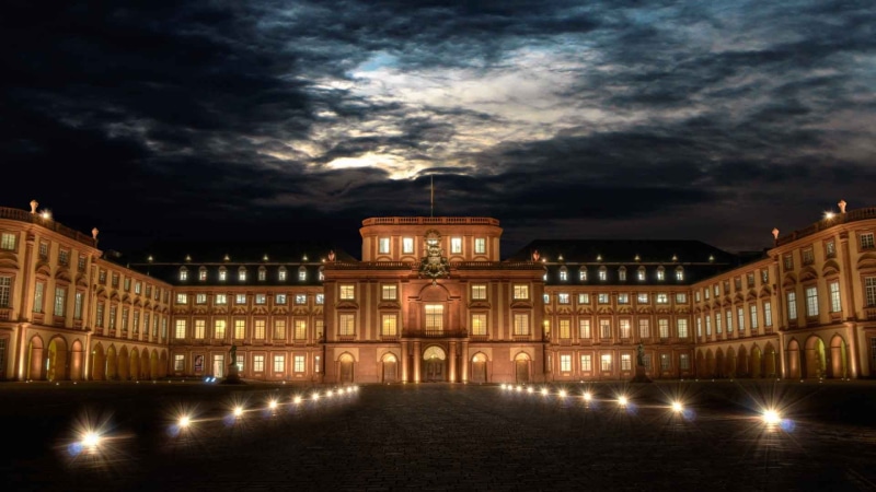 night, hd, lights, statue, 1080P, university, mannheim
