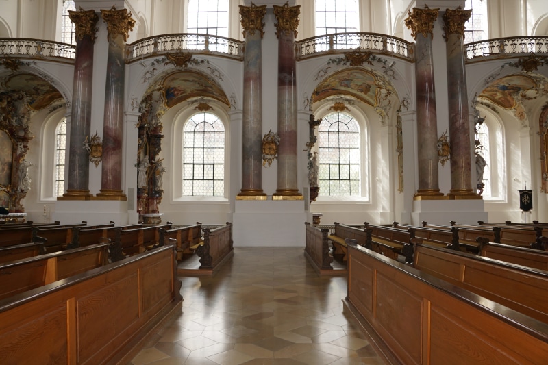 blue, communion, rest, creative, ornate, benches, gratitude, god, arch, aisle, pompous, history, wall, thanks, the past, party, geometry, münster, built structure