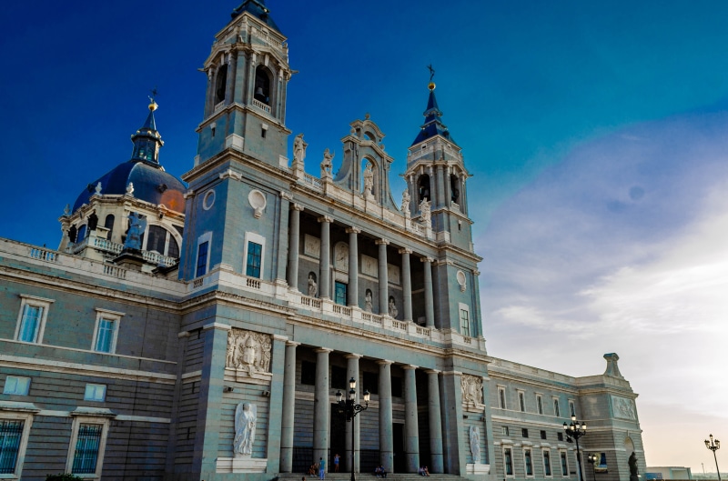 religion, city, sunlight, window, tourism, nature, architecture, building, cathedral, church, madrid, travel, jesus, blue, architectural column, almudena