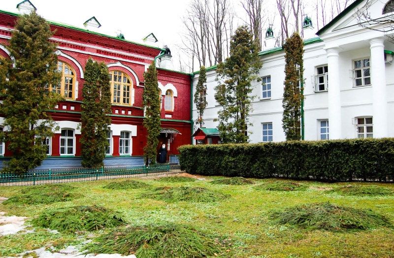 facade, community, people, grass, growth, pskov, wall, arch, ancient, congregation, hedge, built structure, house, outdoors, sky, monastery, spring, gold