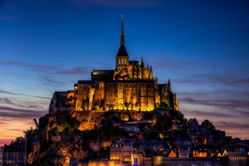 spirituality, urban Scene, illuminated, prague, town, spire, travel Destinations, twilight, travel, France, dusk, church, cultures, place of worship, The Mont-St.-Michel