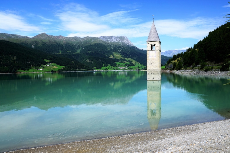 abendstimmung, celebration, tyrol, away, outlook, reschensee, reflection, no people, holiday, landscape, sand, mountain range, building, romantic, church