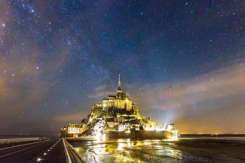 Monastery, Religious, Light, Stars, Mont Saint-Michel, Night, 1080P, Starry Sky
