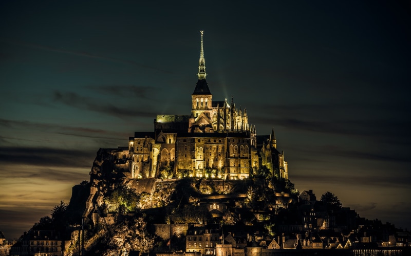 lights, sky, castle, mont, 1080P, night, buildings, saint michel
