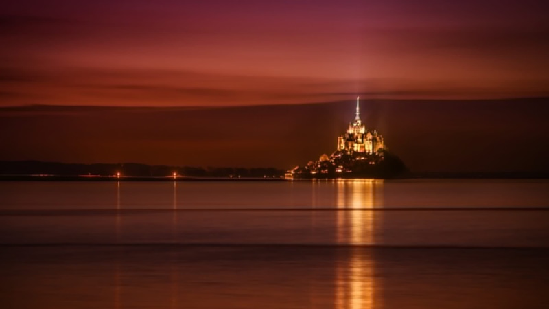night, castle, the sky, Normandy, sea, France, 1080P, lights, Mont-Saint-Michel