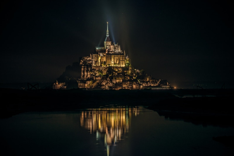 night, lighting, Mont-Saint-Michel, 1080P, France, reflection, island