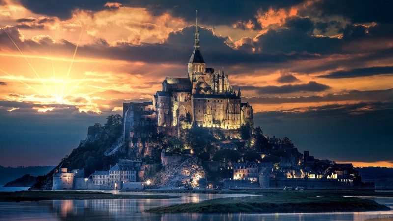 nature, sun, castle, Mont Saint-Michel, beach, France, 1080P, city, island, Mont Saint Michel, landscape, cathedral, sunset, sky, clouds, sea, church