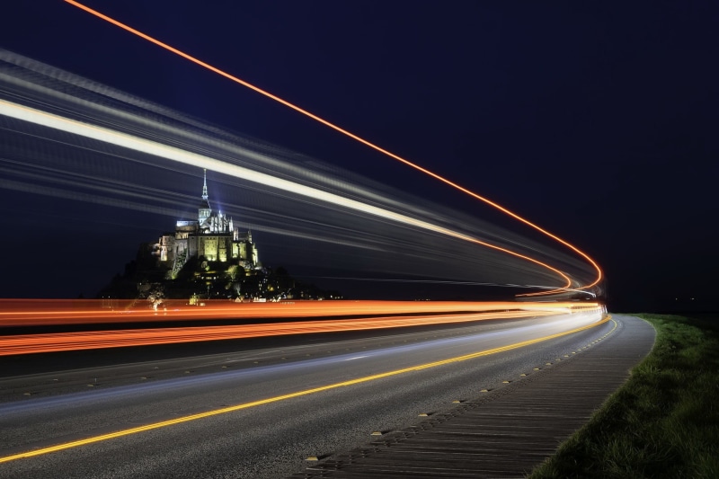The Mont-Saint-Michel, France, 1080P, lights, night, road