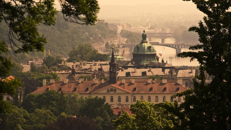 capital, flag, Prague, old building, street, rooftops, city, tower, building, 1080P, Czech Republic, cathedral, history, cityscape, river, architecture