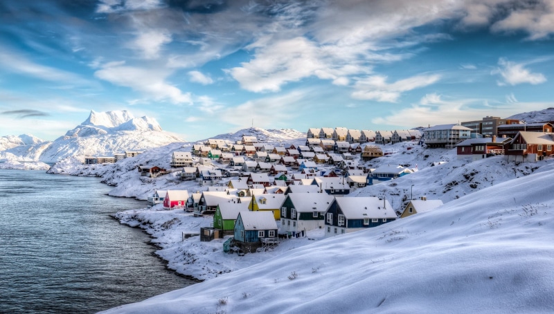 sunlight, 1080P, Greenland, colorful, sky, cyan, house, snow, hills, blue, lake, winter, clouds