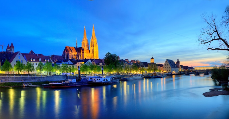 night, river, The Danube, lights, 5K, home, Germany, Regensburg, Bayern