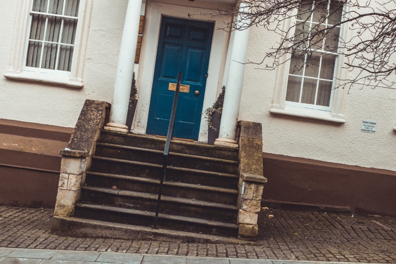 angle, cobbles, entrance, wonky, hill, steps, house, no people, low angle view, closed, 4K, railing, day, old, staircase, united kingdom, columns, wood - material