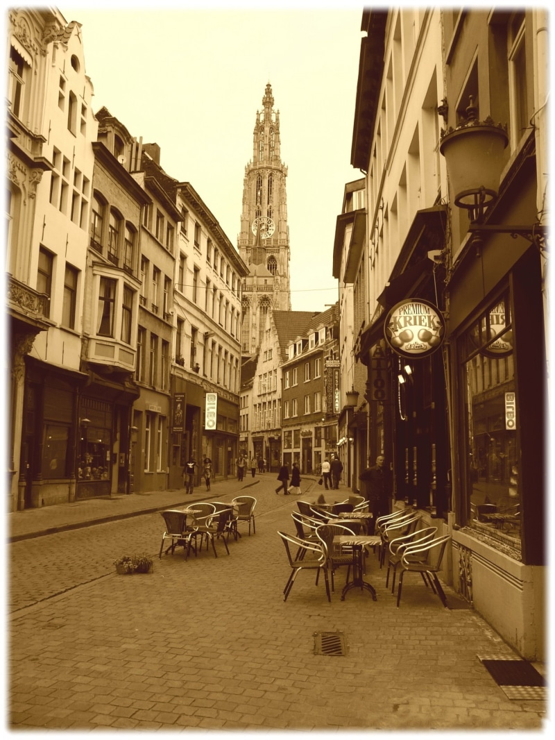 travel destinations, chair, sidewalk cafe, building exterior, belgium, table, antwerp, city, day, 1080P, transfer print, building, built structure, place of worship