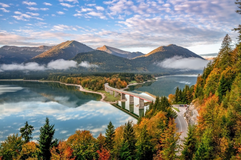 Germany, The Bavarian Alps, reservoir, Lake Sylvenstein, The Sylvenstein Dam, forest, mountains, lake, Bayern, road, Bavaria, autumn, 1080P, bridge, Bavarian