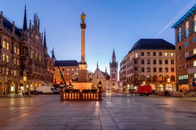 the evening, Munich, area, Bavaria, Germany, 1080P, Marienplatz, lights, Bayern, monument, home