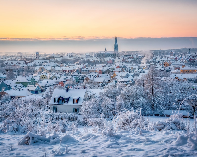 home, Germany, Bavaria, winter, panorama, Regensburg, snow, building, Bayern, 1080P