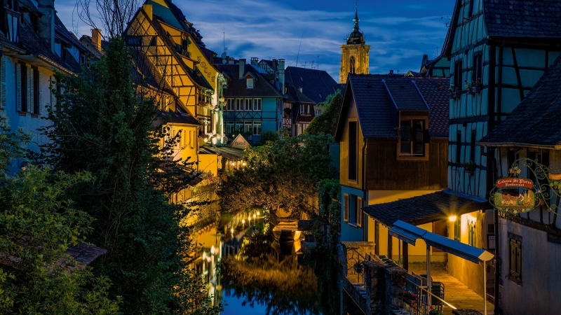 sky, little venice, tree, timbered houses, evening, france, reflection, 4K, colmar, landmark, night, facade, house, building, tourist attraction, medieval architecture