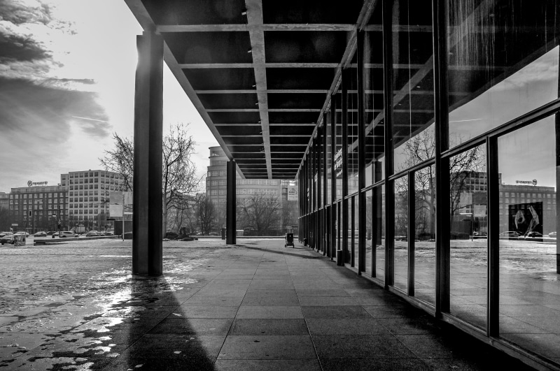 day, mies van der rohe, office building exterior, glass - material, transportation, the way forward, diminishing perspective, footpath, berlin, germany