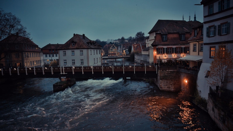 no people, europe, river, town, dusk, bamberg, outdoors, germany, nature, sky, house, body of water, residential district, regnitz, 4K, cloud - sky, building