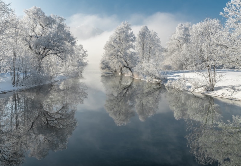 river, The River Loisach, Germany, 1080P, reflection, Bayern, winter, Loisach River, trees, frost, Bavaria