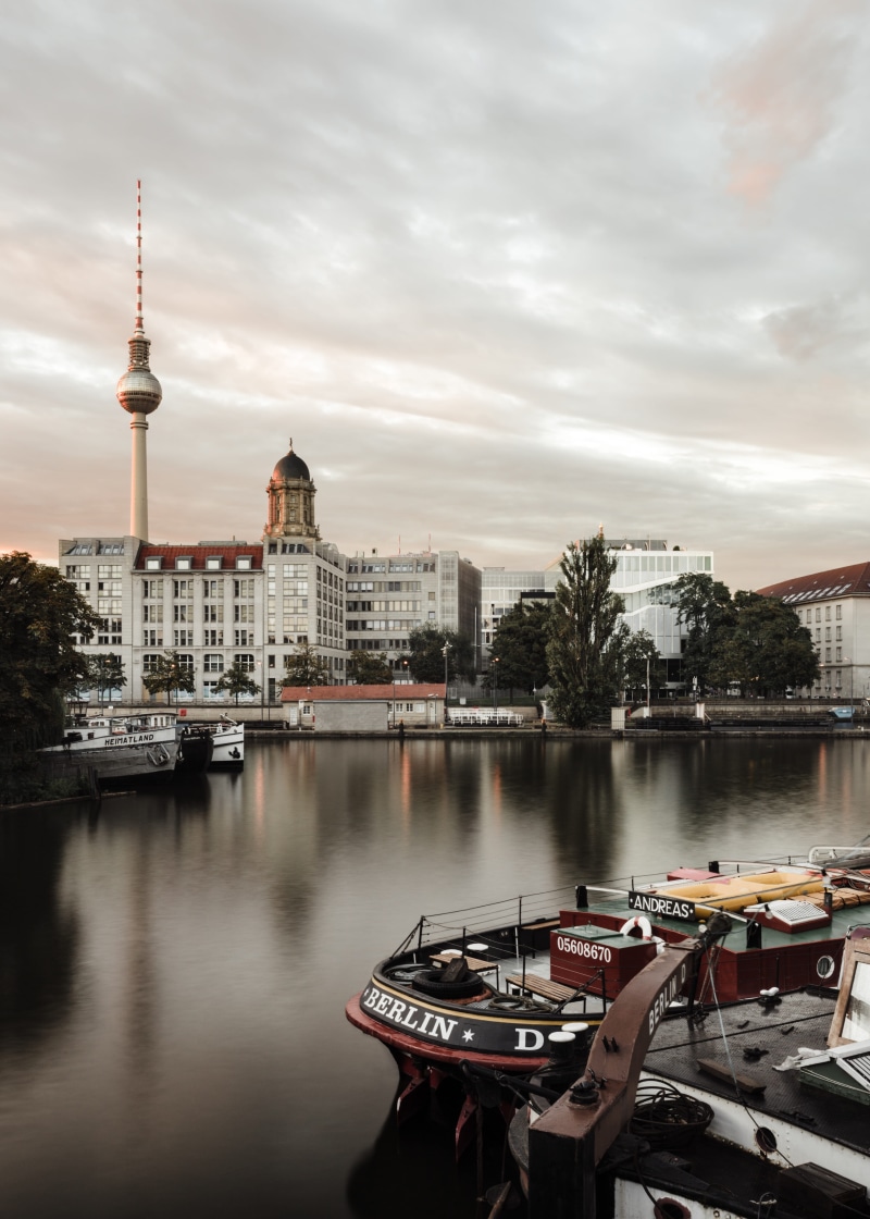 no people, fernsehturm berliin, sunset, outdoors, built structure, boat, u märkisches museum (berlin), nautical vessel, berlin, tall - high, spree, travel