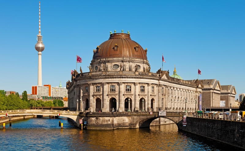 transportation, building exterior, concrete, berlin, sky, tourism, travel destinations, island, day, Fernsehturm, tall - high, spire, tower, brown, clear sky