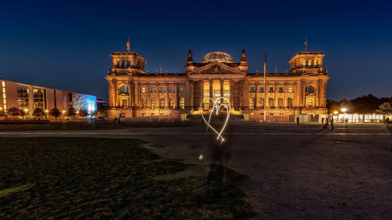 government, travel, building, sky, illuminated, evening, Germany, Berlin, facade, lights, blurred, modern, heart, 4K, built structure, lightpaint, dusk