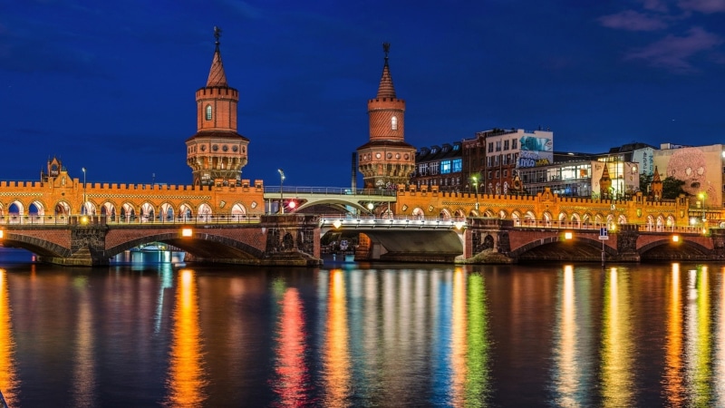 Lights, Bridge, 1080P, Night, Berlin, Houses, Germany, River, City