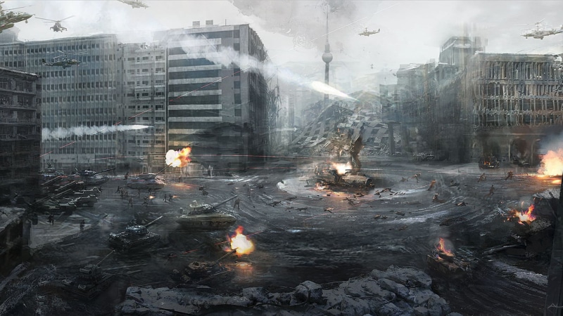 disaster, fire, street, helicopters, screenshot, air pollution, group of people, Germany, 1080P, urban Scene, Call of Duty Modern Warfare 3, nature, water
