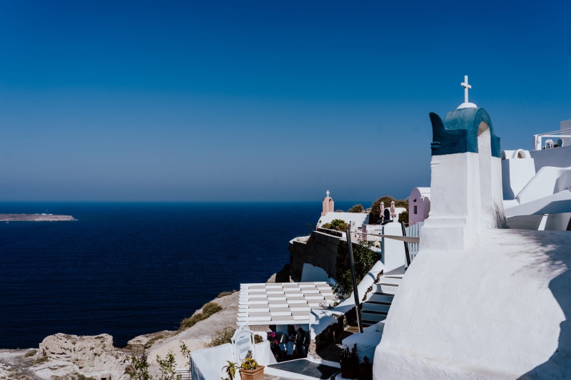5K, cross, building, shore, sea, journey, orthodox Church, firรก, oium, church, cultures, scenics, blue, vacations, mediterranean Countries, idyllic, aegean Sea