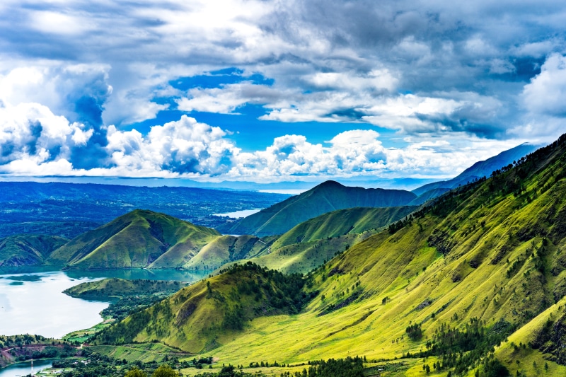 toba, environment, outdoors, countryside, sky, lake, beauty in nature, lake toba, day, volcaniclake, tranquil scene, landscape, remote, no people, mountain